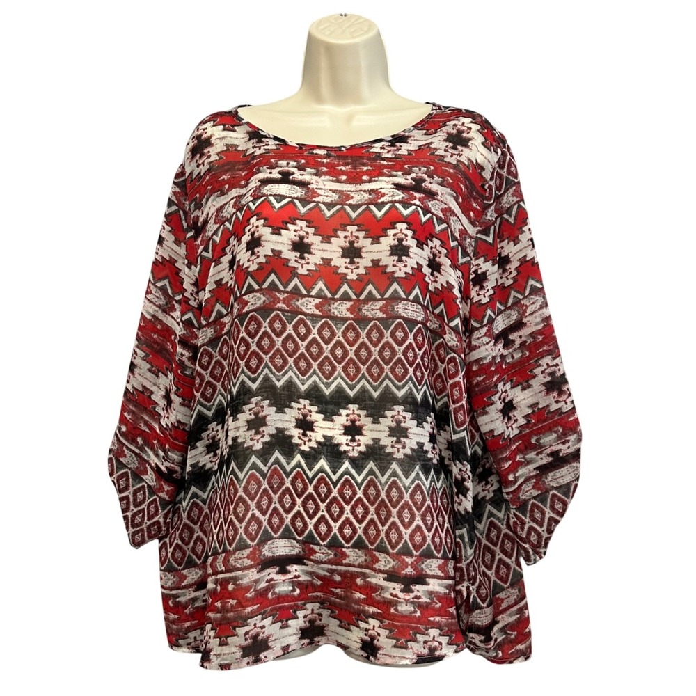 Chico's Red Southwestern Geometric Sheer‎ 3/4 Roll Tab Sleeve Blouse Size 3 XL